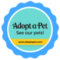 A flowery blue ribbon-style badge that reads, "Adopt a Pet - See our pets! www.adoptapet.com"